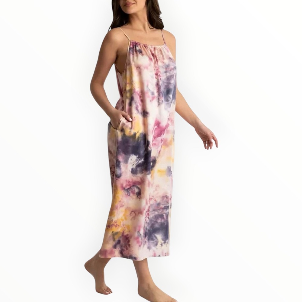 Linea Donatella XL Pink Purple Satin Tie Dye Chemise Nightgown Lounge Pockets